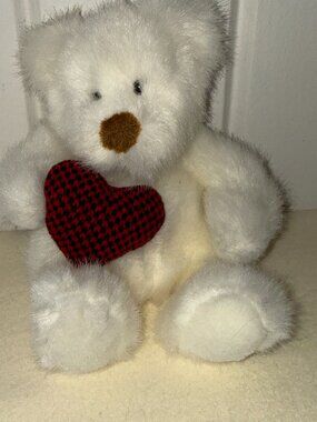Russ Berrie & Co. Bear Hugs Plush White Teddy Bear Red Heart 7.5" Sitting